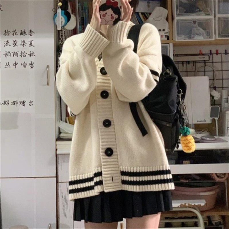 条纹撞色毛衣开衫女2025秋冬新款设计感日系休闲风v领针织衫外套