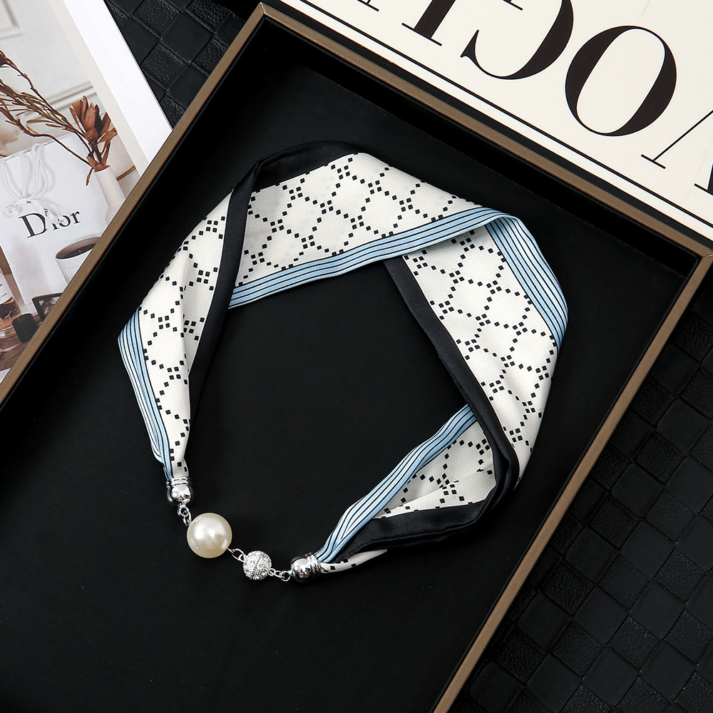 Pañuelo de seda con hebilla magnética de diamantes con incrustaciones de perlas collar mujer retro todo fósforo moda bufanda fina hebilla autocebante babero al por mayor
