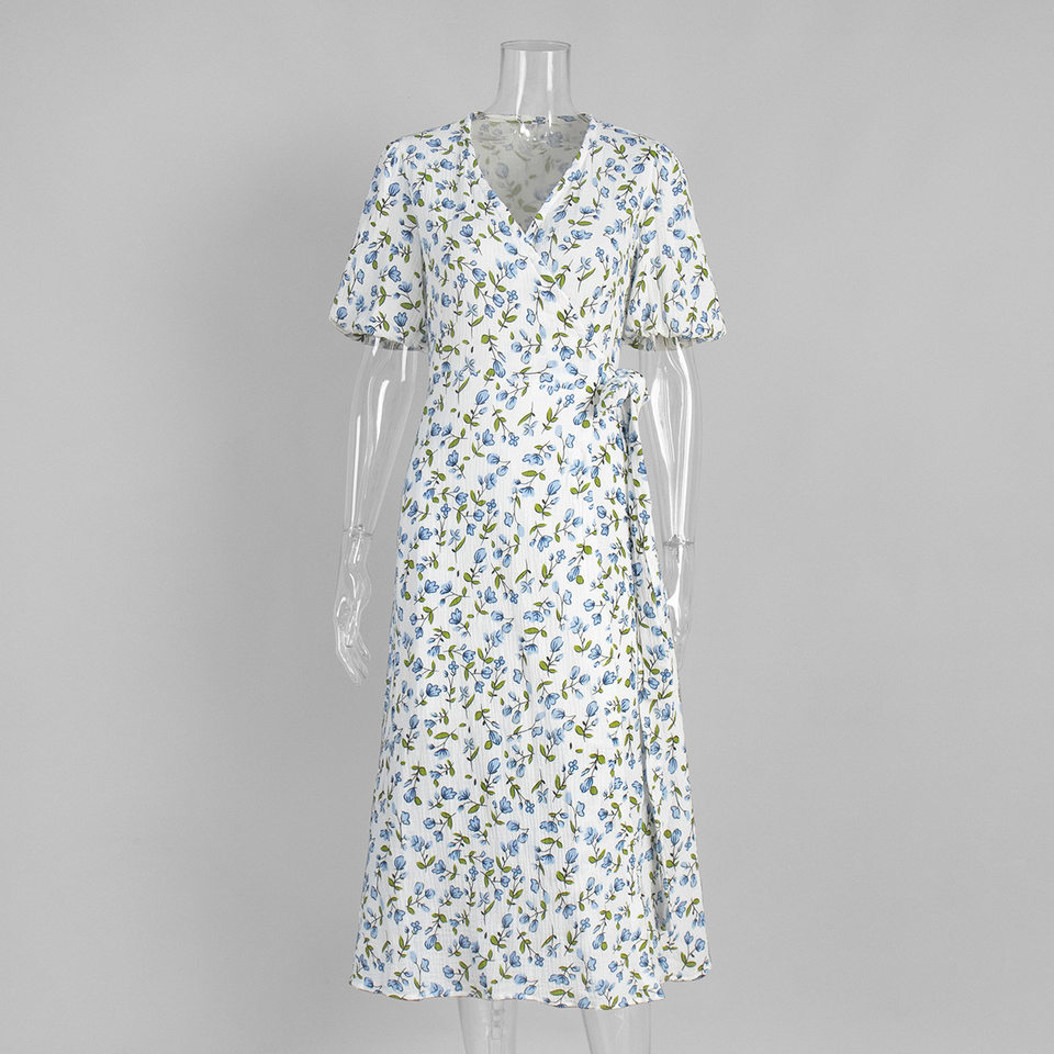 Đầm liền cotton in hoa cổ chữ V tay bồng buộc dây lưng cao — Hoa oải hương, Hoa tulip màu hồng, Màu be, Màu hồng chi tiết 11