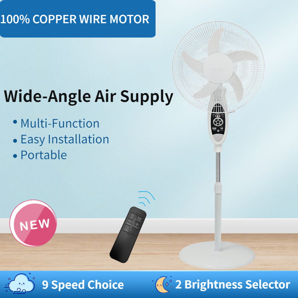 Nuevo ventilador de carga vertical de piso de 16 pulgadas personalizado con ventilador de carga de emergencia de control remoto con panel solar