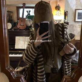 连帽安火火软针织开衫女春秋慵懒风糯韩系宽松百搭毛衣外套条纹
