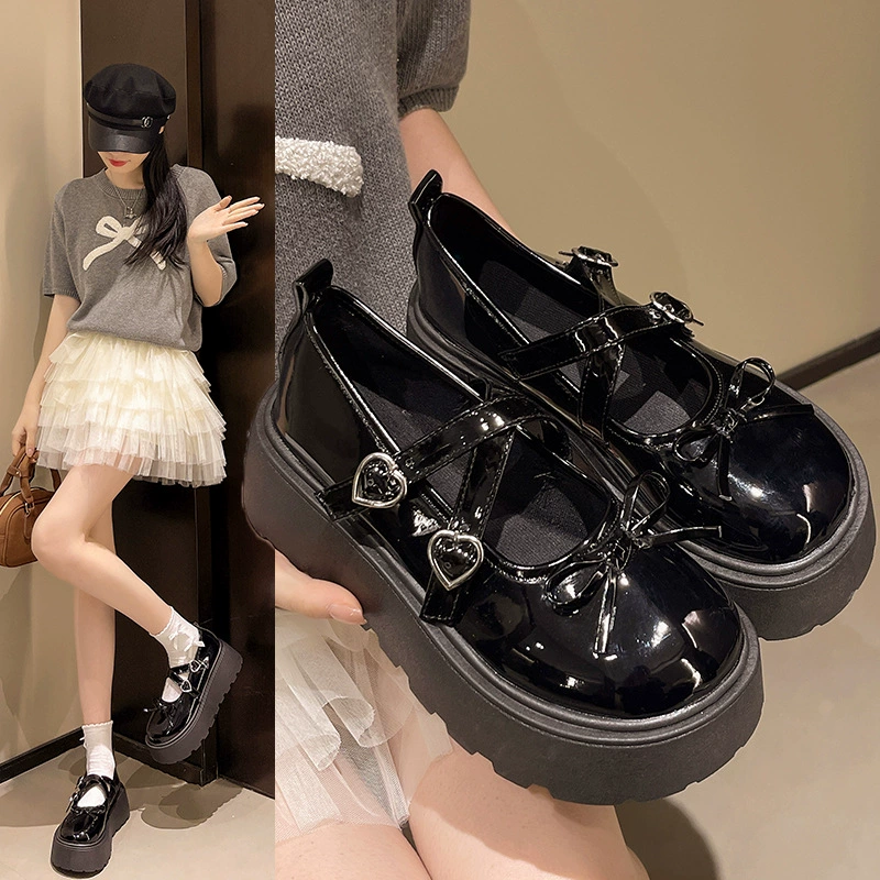 Женские кожаные туфли-мэри-джейн с перекрестными ремешками, японский стиль, 2025 года, на толстой подошве, с бантом