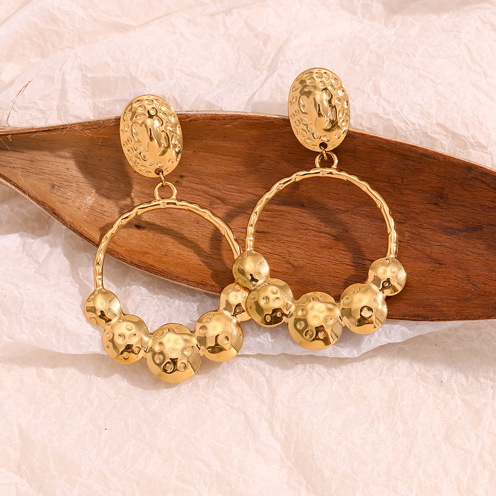 Hammer Grain Round Stainless Steel Pendant Earrings