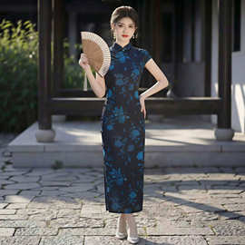 新中式御姐风黑蓝色复古旗袍女2026短袖修身显瘦气质日常长连衣裙
