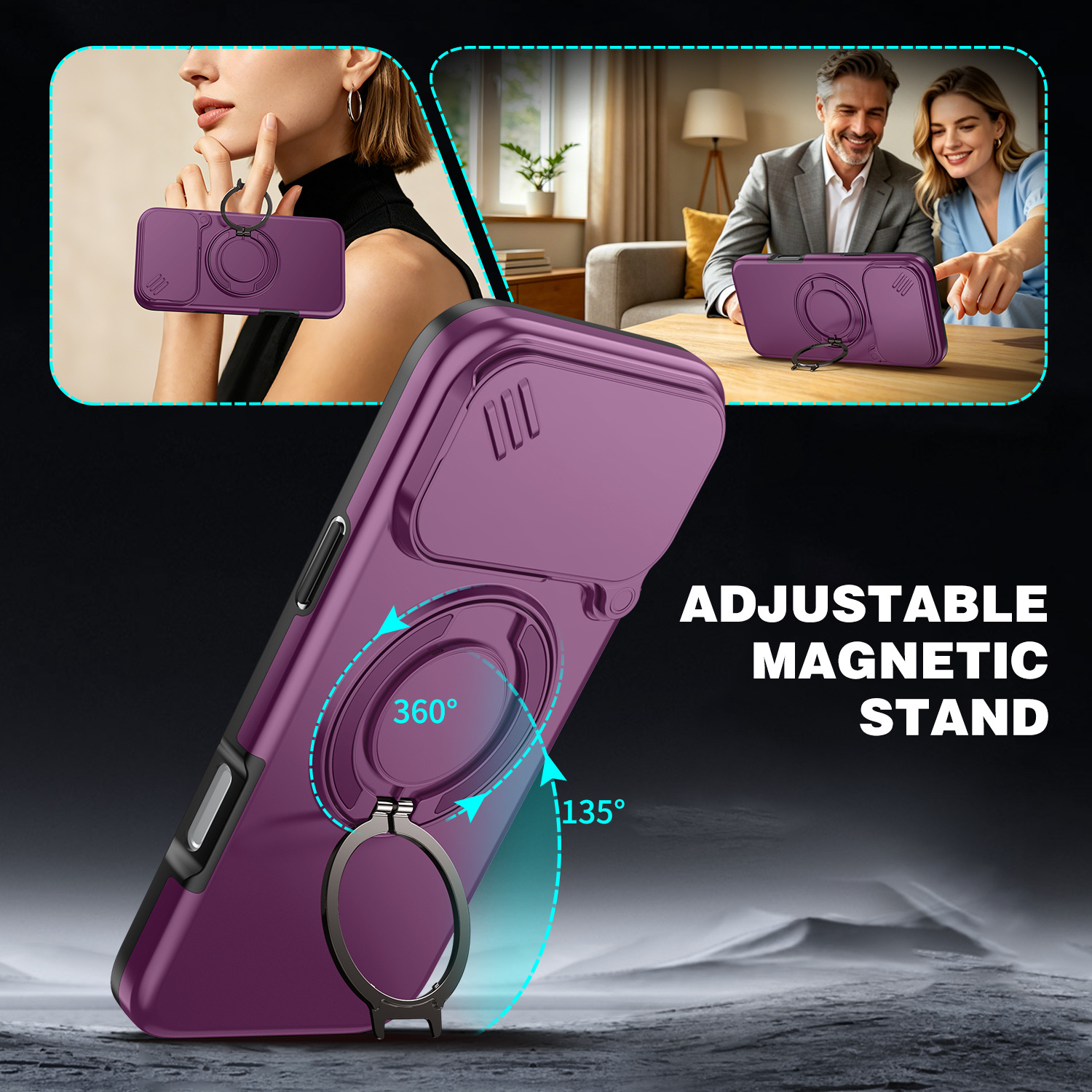 Funda Magnética para iPhone 17 Pro Max 16 15 de PC con Soporte Giratorio 360°, Tapa Deslizante para Lente y Anti-caída