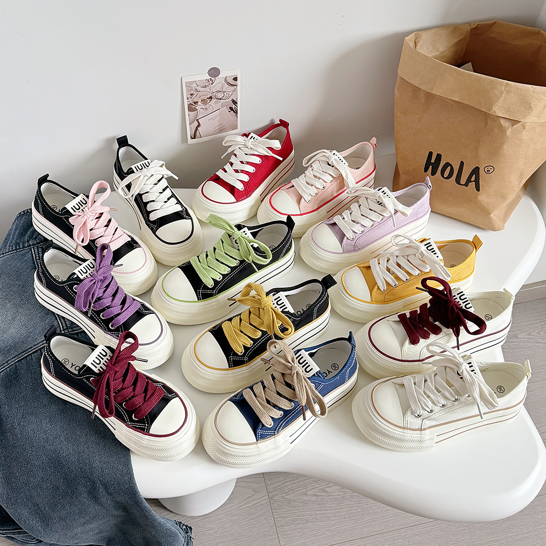 Korean Style Thick-Soled Canvas White Shoes for Women, Casual Niche Original Versatile Sneakers, Breathable Flats, Versatile Shoes H1323