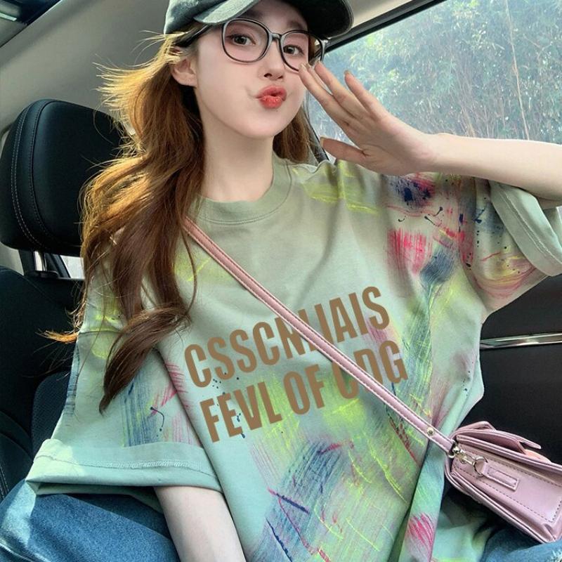Green Painted Graffiti Print Short-Sleeved T-Shirt for Women, Summer Loose Fit, Slimming Trendy High Street Style Dopamine Top for Women