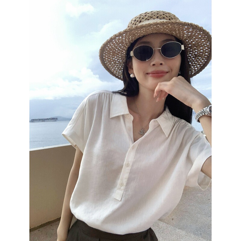 Pusumed Black Linen Lyocell Short-Sleeved Shirt for Women, Loose-Fitting, Thin, Elegant Top, Work Clothing Shirt