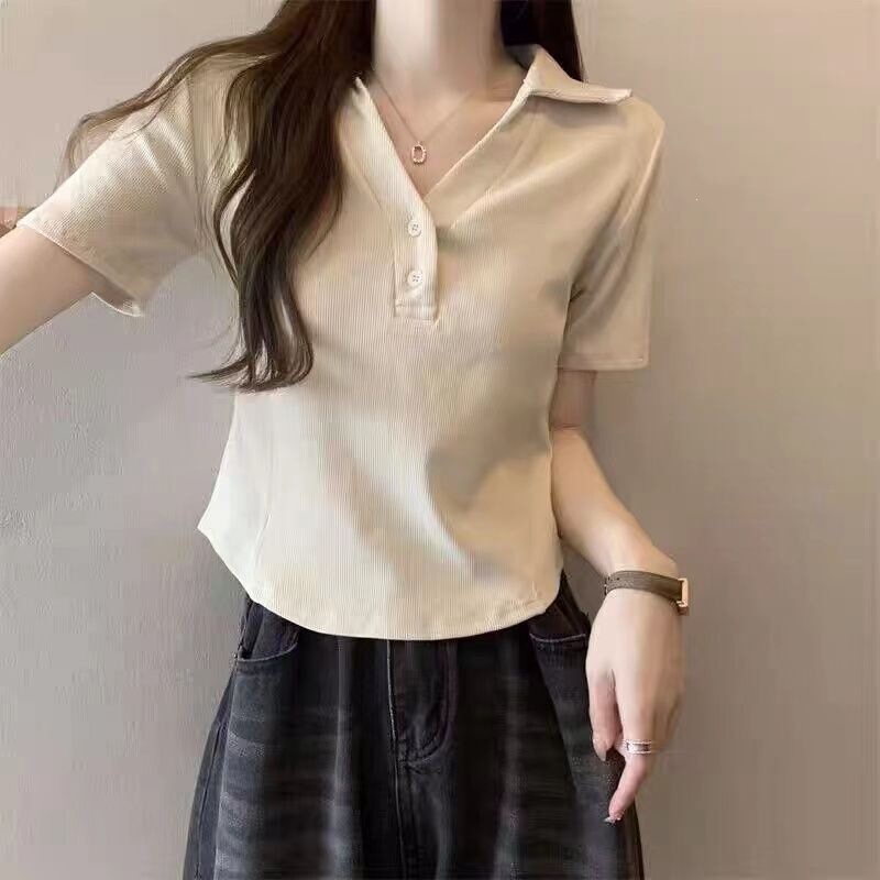 White Irregular Polo Collar Short-Sleeve T-Shirt for Women, 2026 Summer Design, Niche Style, Slimming Short Top with Regular Shoulders White Irregular Polo Collar Short-Sleeve T-Shirt for Women, 2026 Summer Design, Niche Style, Slimming Short Top with Regular Shoulders