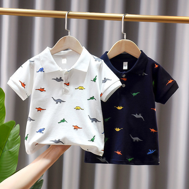 Boys' Short-sleeved T-shirt Lel Polo Shirt Summer 2021 New Arrival Full Print Cartoon Dinosaur Children's Wear Children's Top Trendy