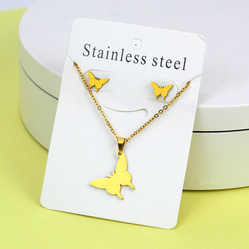 Conjunto de collar de pendientes de oro de acero inoxidable europeo y americano, collar de mariposa de amor de diamante, colgante, cadena de clavícula, fábrica al por mayor