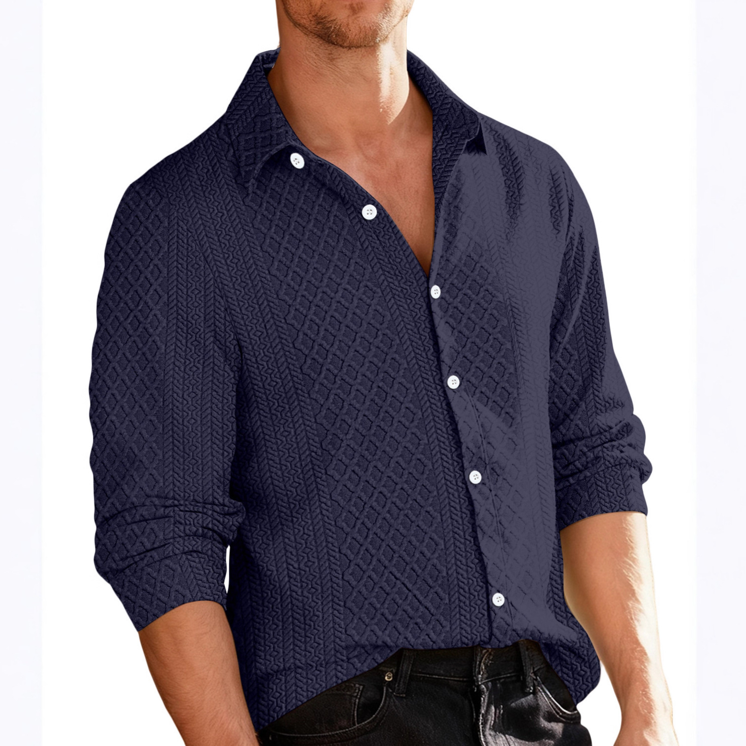 Europa y los Estados Unidos Amazon tejido flor simple botón casuales chaqueta deportiva de negocios hombre camisa transfronteriza de manga larga hombre