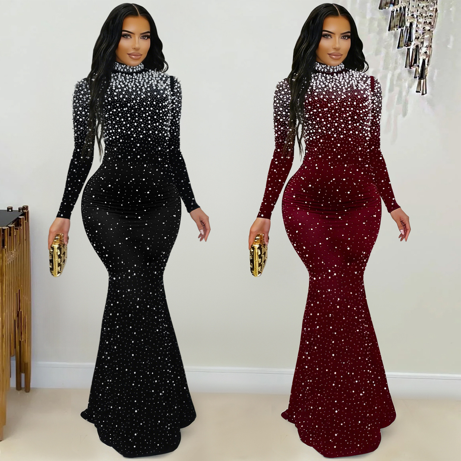 C7622 Aliexpress transfronterizo Amazon Europa y América moda de mujer elegante cuello alto bolsas de diamantes calientes vestido de cadera image 1