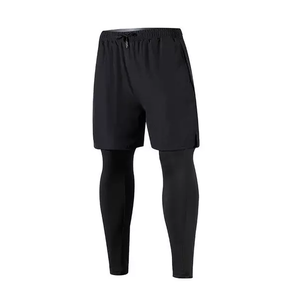 Fake Two-Piece Sports Men's Elastic Tight Running Fitness Pants Training Quick-Drying Double-Layer Basketball Pants Trendy Ins