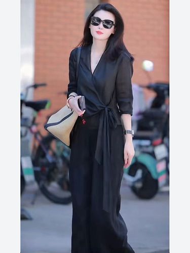 Women's Literary Fashion Youthful Design V-Neck Blouse and Matching High-Waisted Wide Leg Pants #914 - Summer Set 2025