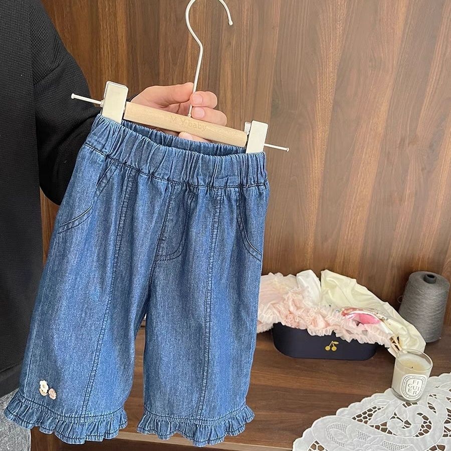 Super soft and thin straight-leg jeans for baby girls, Korean style, cropped wide-leg pants for summer.
