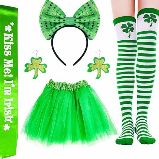 Irlanda Día de San Patricio pajarita cabeza hebilla vestido de gasa Irlandés correa de hombro trébol pendientes traje