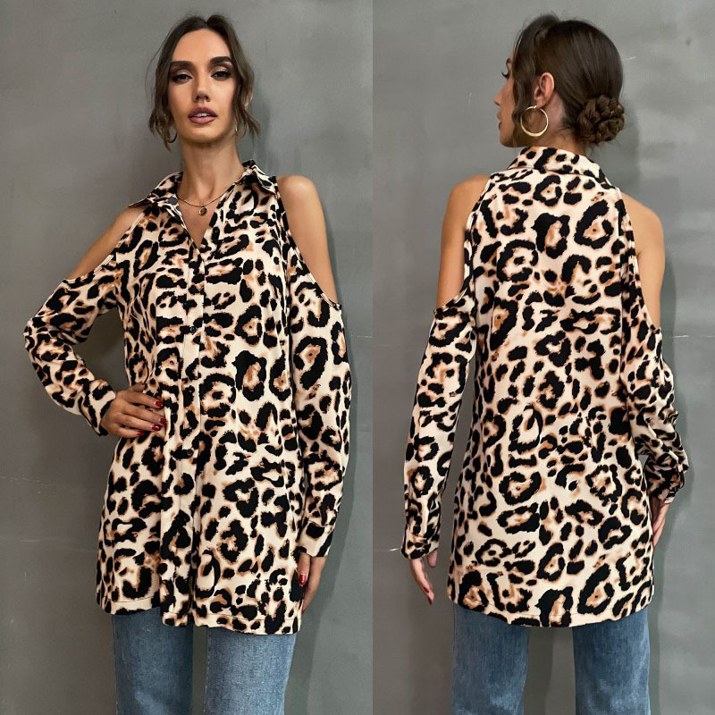 Leopard Print Lapel Long-sleeved Off-shoulder Shirt_voghion.com
