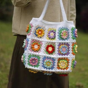 Wool Handmade Bag Camellia Daisy Grandmother Checkered Bag Woven Material Bag