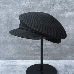 萬搭款不對稱側褶皺顯臉小鴨舌帽英倫千金風黑色草帽女夏季貝雷帽