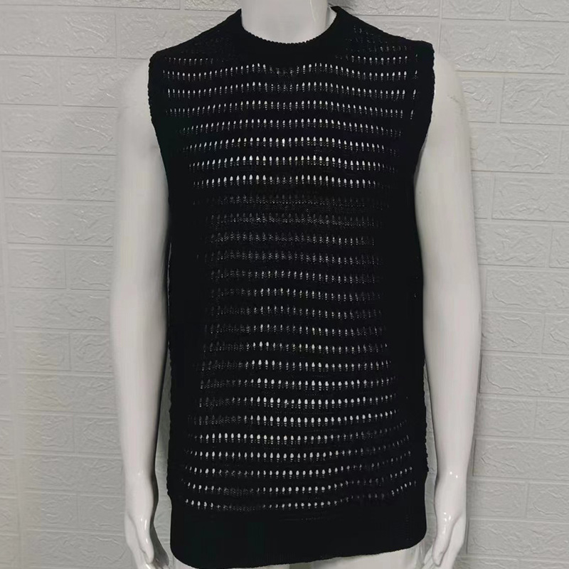 2025 New Men's Sweater Solid Color Slim Fit Sleeveless Hollow Knit Vest Style_voghion.com
