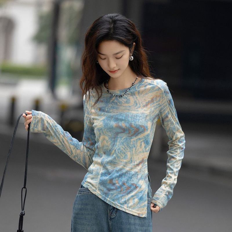 T-shirt Women's Long-sleeved 2025 Spring New Style Western Style Base Shirt Round Neck Inner Printed Korean Style Slim-fit Slim-fit Top