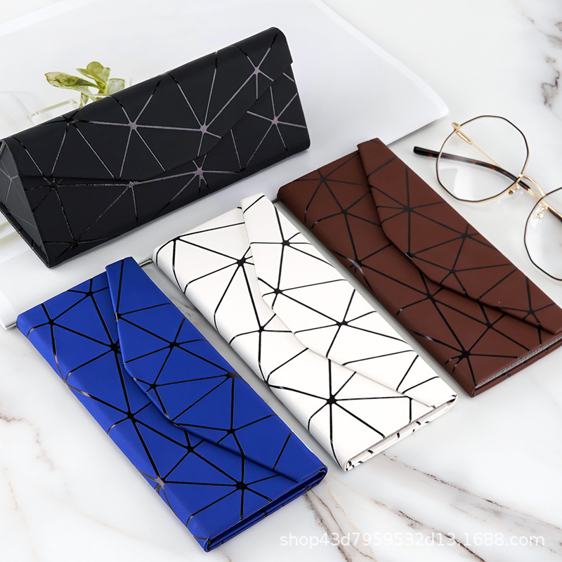 Glasses Case Handmade Leather Wholesale Wood Grain Triangle Foldableing Magnetic Glasses Packaging Box with Printable Logo