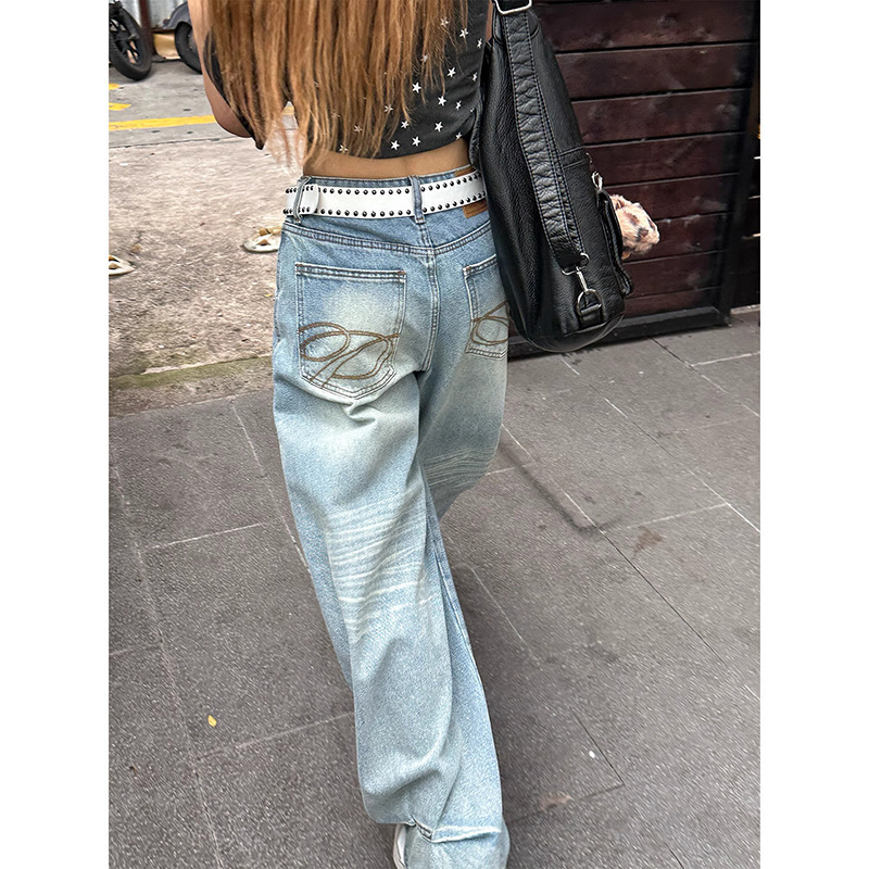 American Retro Pocket Embroidered Jeans Trendy New Loose High-Waisted Slimming Wide-Leg Pants Floor-Length Scimitar Trousers