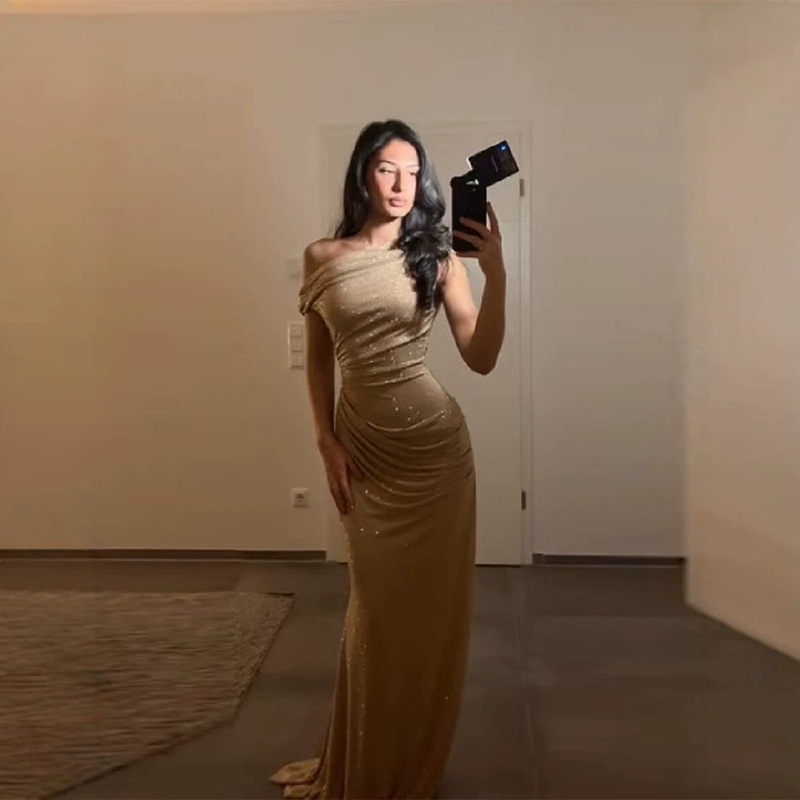 New Cross-Border Foreign Trade European and American Women's Fashion Elegant Off-Shoulder Diagonal Collar Slim Waist Dress Long Dress for Women