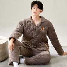 实体批发冬季男睡衣珊瑚绒家居服加绒加厚直播棉袄长袖套一件代发