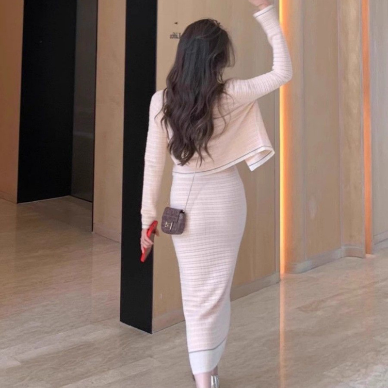 小香风甜美针织开衫女春季修身显瘦内搭收腰吊带裙长裙上衣两件套|undefined