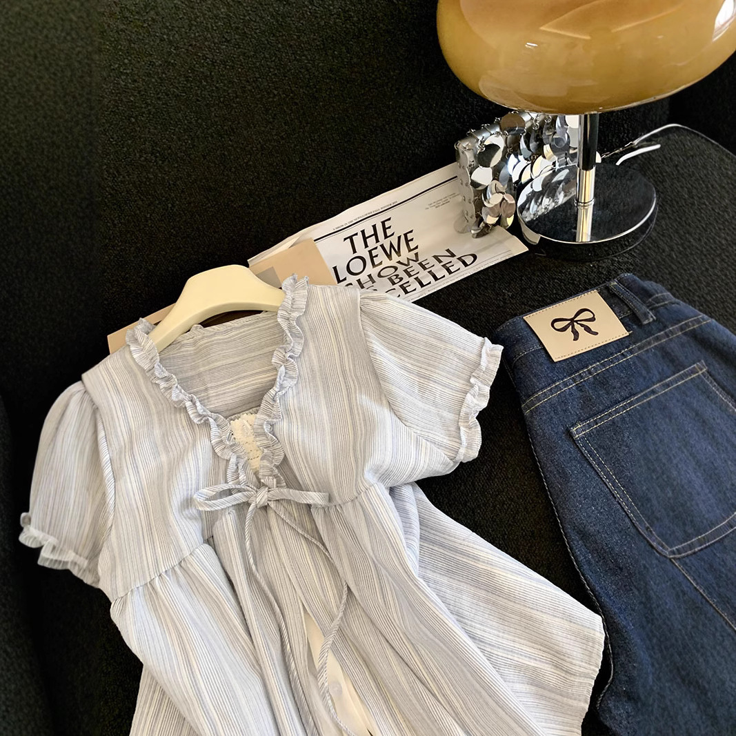 Cute lace summer blue shirt with bow