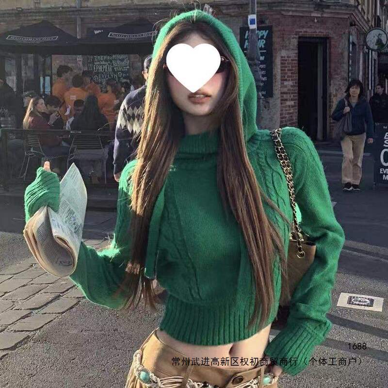 2026 early autumn trendy green hooded knit sweater, super cute and cozy, ultra-stylish Fair Isle sweater for women