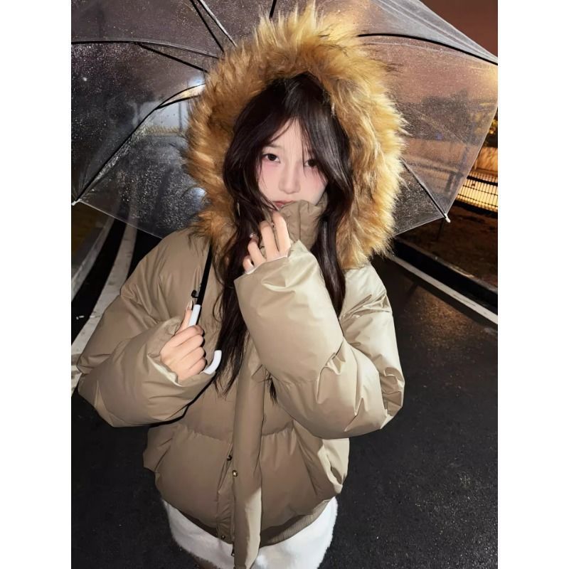 カジュアルで汎用性の高い、ニッチなファー襟付きフード付きジャケット。女性用冬物、厚手で暖かい、ゆったりとしたシンプルなダウンコットンコート。|undefined