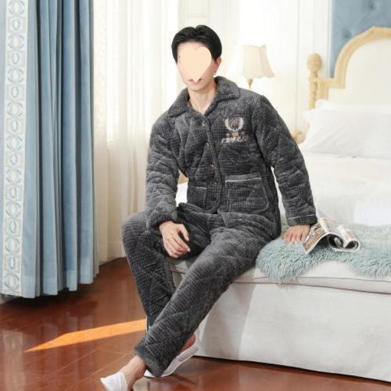 (2개) 플란넬 남성용 가정 의류 겨울 플러스 벨벳 두꺼운 3 겹 누비 재킷 겉옷 잠옷 면화 의류 및 바지 투피스 슈트