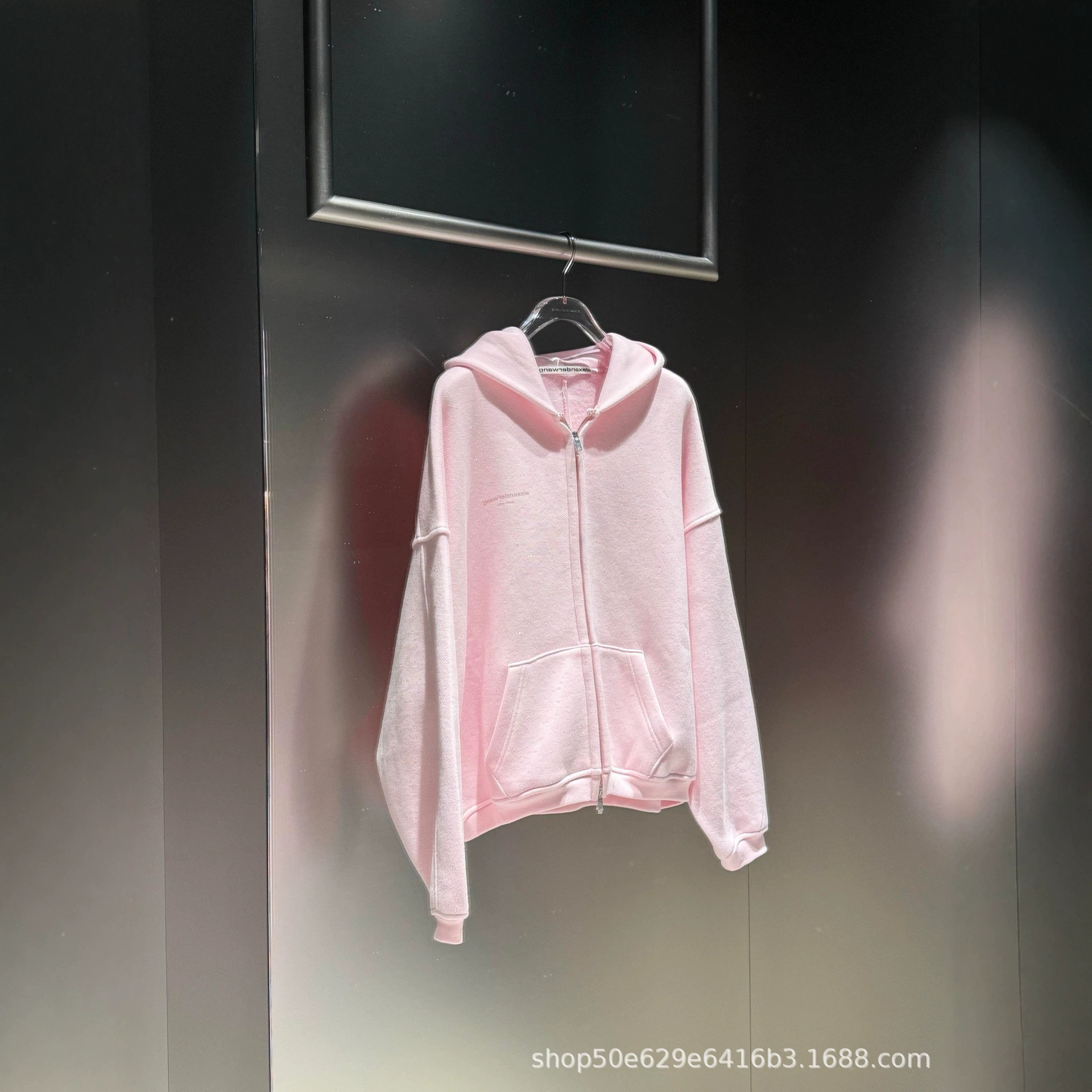 In-stock high-end version AW starry sky silver foil shimmer light pink hoodie with double zipper, loose fit, drop shoulder, hooded cardigan