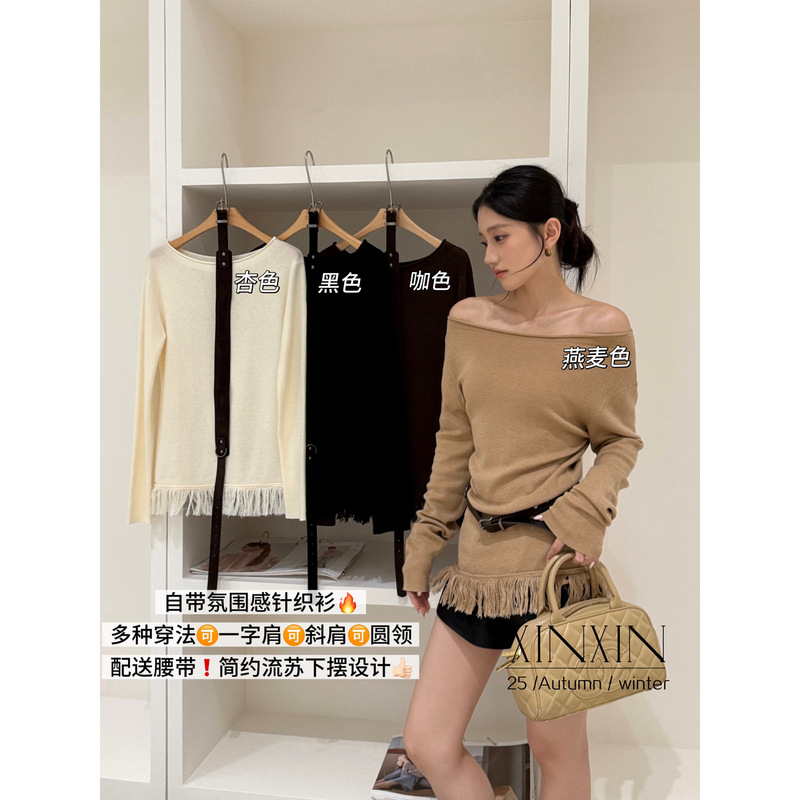Y-斜肩多种穿法设计感流苏下摆针织衫(配腰带)（30）XZ850-|undefined