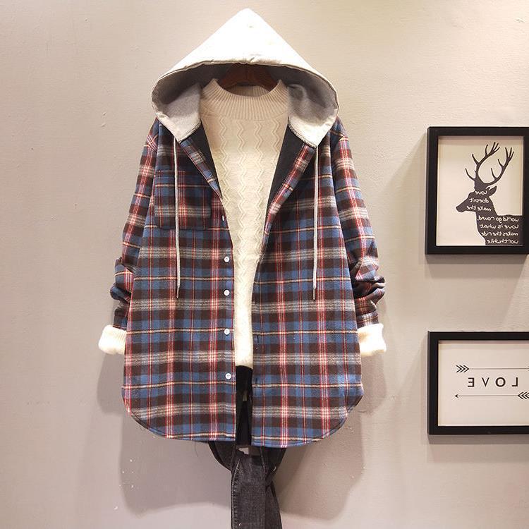 Hooded Plaid Shirt Women's Mid-length 2024 Spring and Autumn Sanding Korean-style Casual All-match Loose Jacket