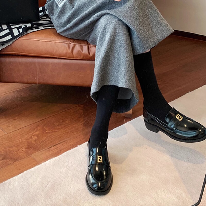 香港金扣厚底小皮鞋女2025秋冬季新款英伦风内增高真皮乐福鞋加绒|undefined