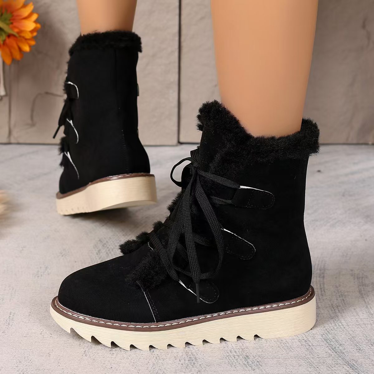 Big size snow boots women wear fashion big size lace-up flat and pile thickening_voghion.com