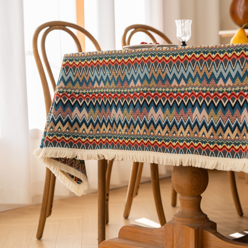 Thickened Cotton and Linen Ethnic Jacquard Fabric Tablecloth Colorful Corrugated Dining Table Cloth Tea Table Cloth Rectangular Tablecloth Cover Cloth
