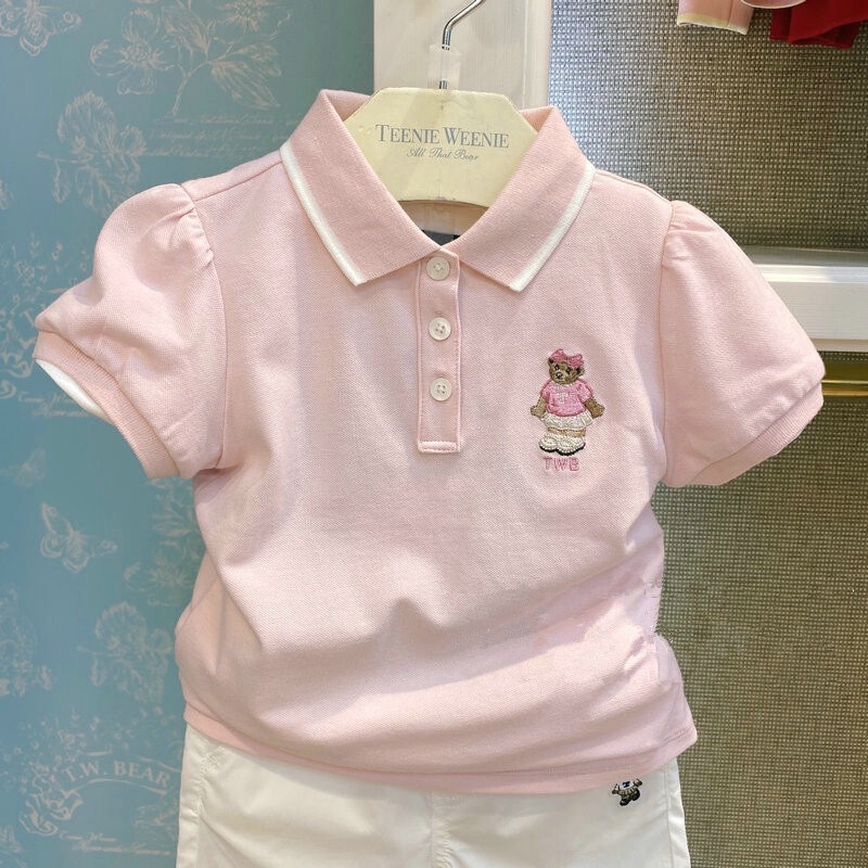 Class a Cotton Korean Style Bear Girls Two-Color Pure Cotton Knitted Breathable Bear Embroidered Lapel Casual Polo Shirt