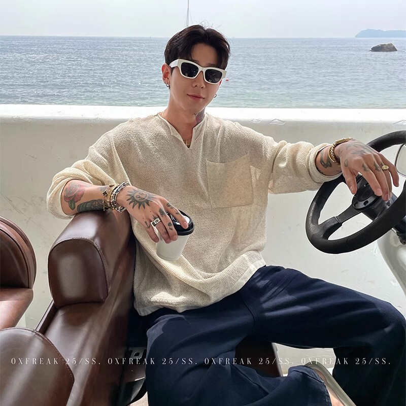 Old Money Style V Neck Linen Long-Sleeved T-Shirt Men's Autumn Large Size Loose Top Loose Wear Large Neckline Men's Blouse