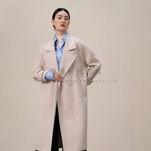 欧韩JI简双面呢大衣女羊绒双排扣长款外套翻驳领茧型慵懒风25秋冬