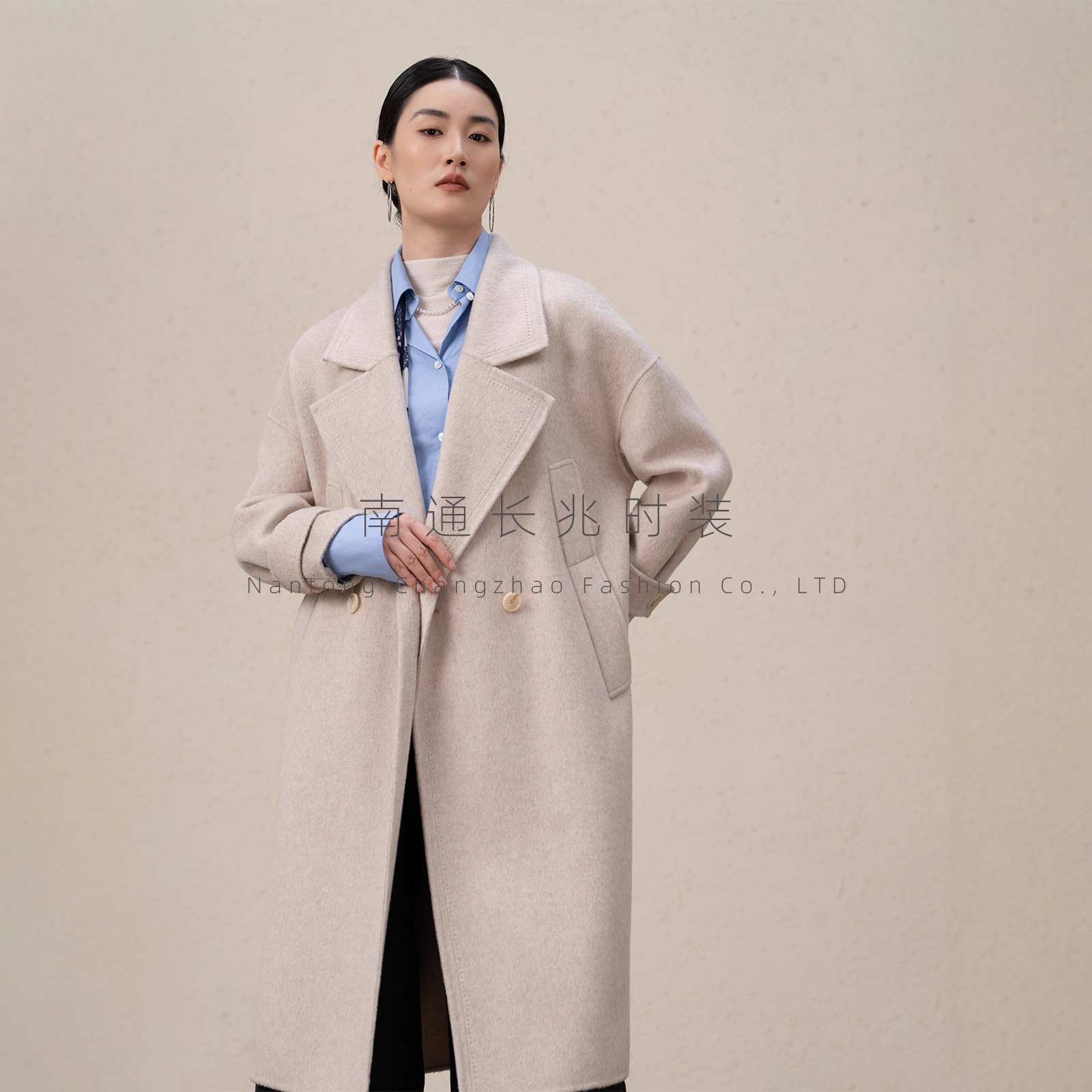 European and Korean Style Double-Sided Wool Coat for Women, Cashmere Double-Breasted Long Coat with Lapel Collar, Cocoon-Shaped, Lazy Style, Autumn/Winter 26