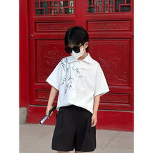 男童2024夏季新款儿童国风宽松帅气百搭白色短袖设计感中大童衬衫