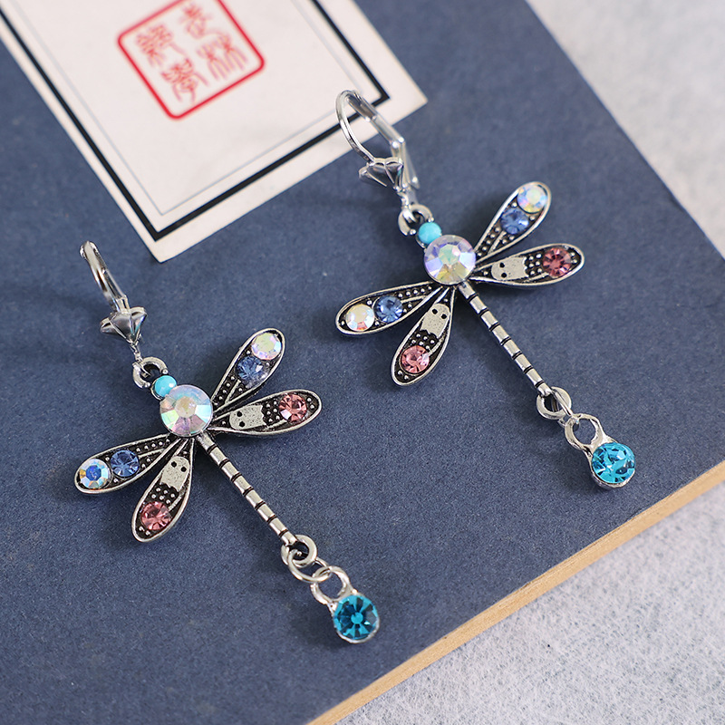 Vintage Style Colorful Dragonfly Alloy Inlay Artificial Gemstones Women's Drop Earrings display picture 2