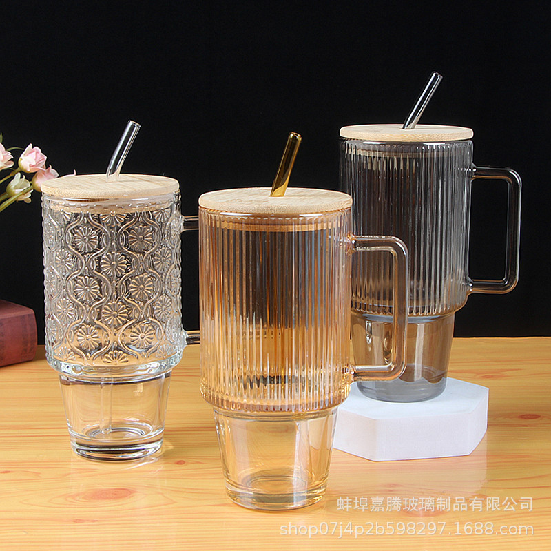 Taza de paja de vidrio vertical con mango, taza de café latte de hielo, taza de jugo de bebida de gran capacidad, taza de regalo de fiesta