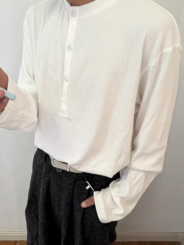 Henry collar solid color long-sleeved t-shirt, men's autumn simple loose bottomed shirt, Korean style casual all-match T-shirt