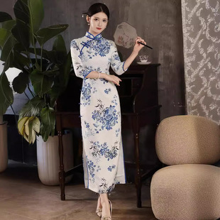 Red eyes 2023 Spring and Autumn New hualuo cheongsam dress 3/4 sleeve long blue and white porcelain double-layer cheongsam 1038